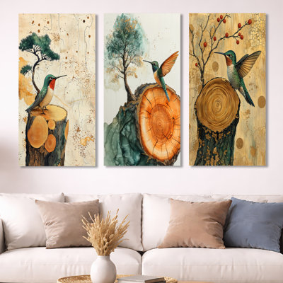 Abstract Hummingbird Wooden Grace I – Green Hummingbird 3 Piece Metal Wall Decor Print