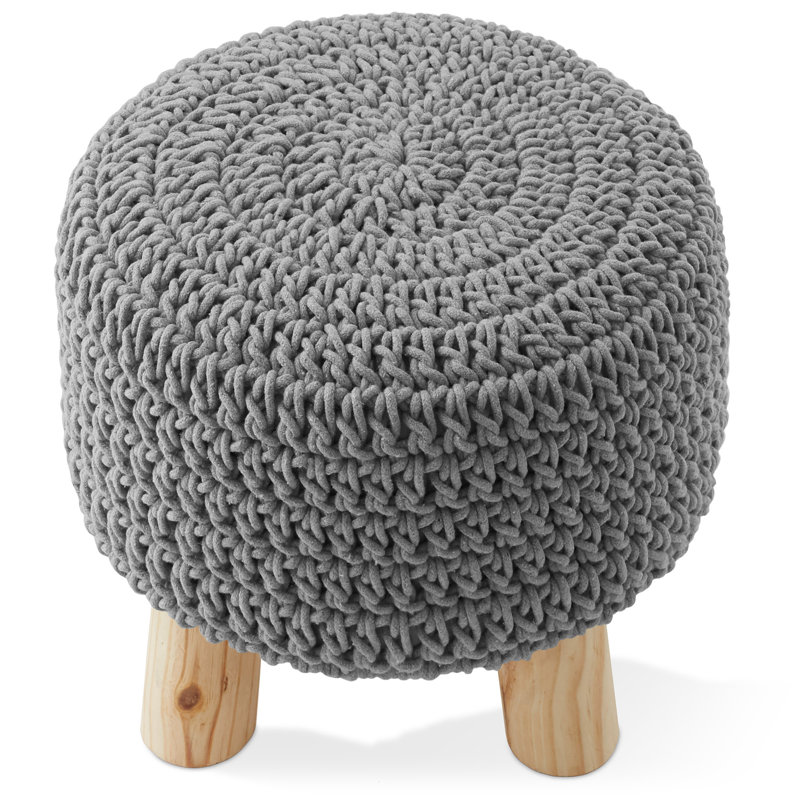 Cotton Pouf Ottoman Footstool 13 Round x 11H, Boho Accent Footrest, Light Gray, Gray