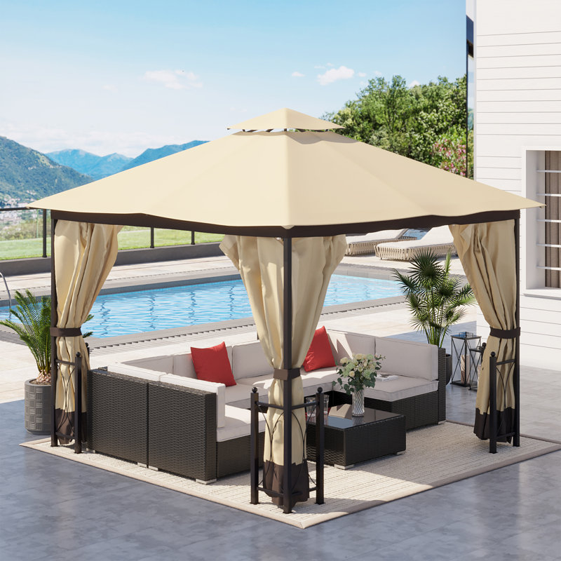 Beige and Black Steel Frame Patio Gazebo with Curtains