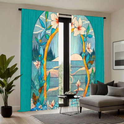 2 pièces de rideaux filtrant la lumière de la cascade artistique de la fenêtre de l'arche artistique, conception de paysage botanique vif, poche à suspendre facile, traitements toutes saisons pour le dortoir de la chambre à coucher du salon