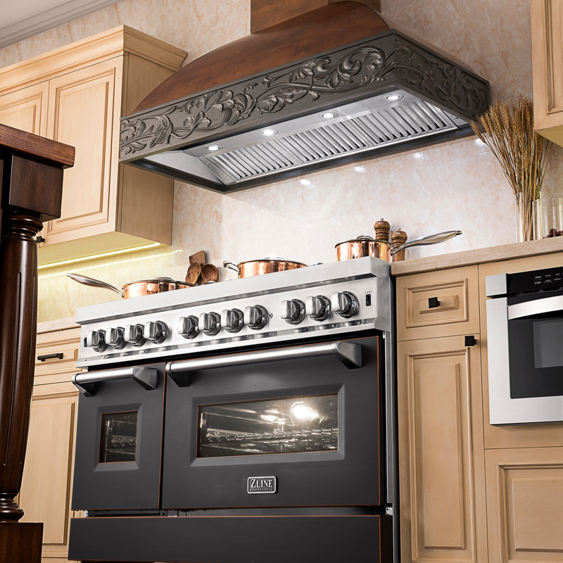 36" Wood 700 CFM Ducted Wall Mount Range Hood, Antigua/Walnut