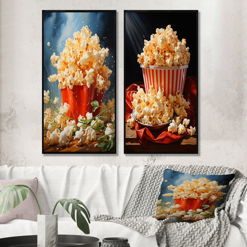 Carnival Kernels Bright Pop Corn Fiesta I - ensemble d'art mural sur toile Popcorn, H 40 po x l 41 po, Cadre noir