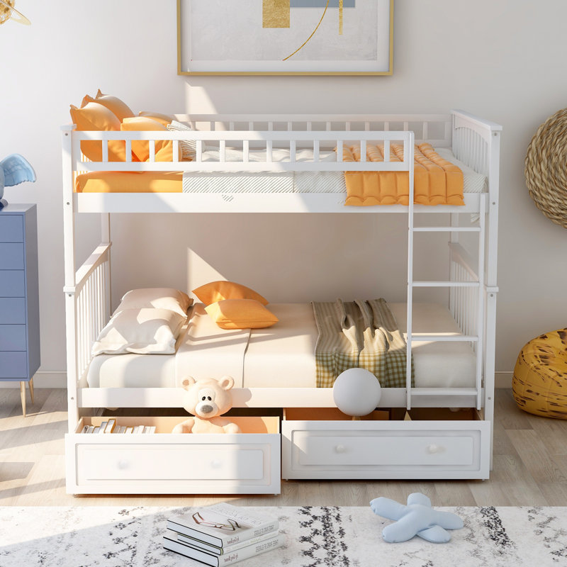 Lit superposé avec tiroirs, Blanc, Simple au dessus de simple