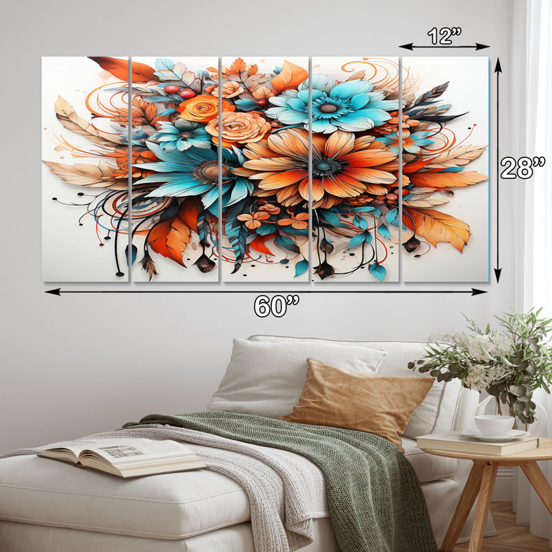 Boho fleurs et plumes bleues I - décoration murale Dream Catcher - 5 panneaux égaux