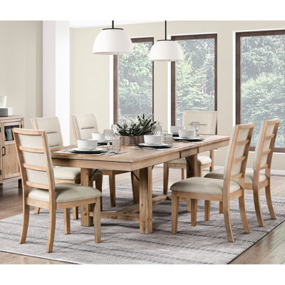 Rustic Oak 7pc Dining Option For Holiday Dinners With Self-storing Leaf Rectangular Table And 6 Beige Upholstered Side Chairs Casual Home Table, Leaf,
