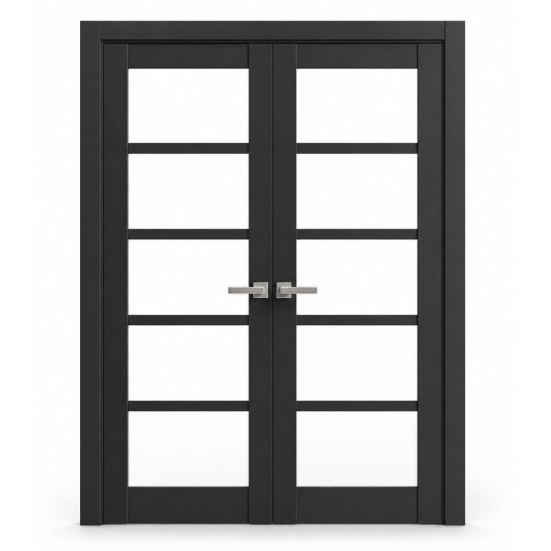 Portes doubles françaises massives Quadro 4522 Noir mat avec vitrage clair, cadre en bois massif, portes robustes pour placard ou chambre à coucher, 72 x 80 (2 x 36 x 80)