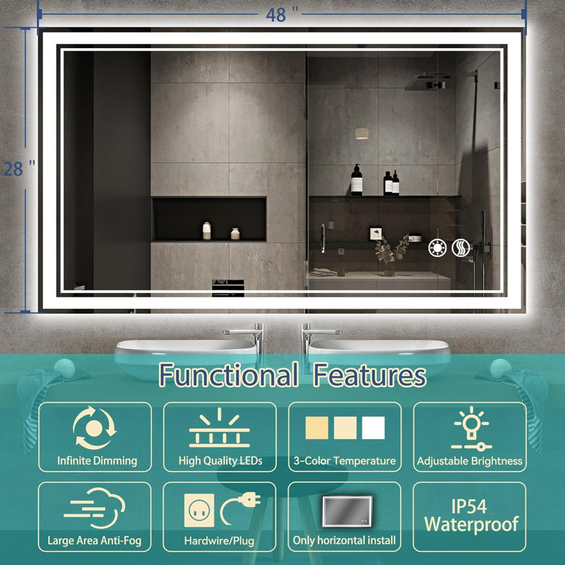 48 po x 28 po Miroir de salle de bain à DEL 3 lumières à DEL à intensité variable pour miroir de salle de bain