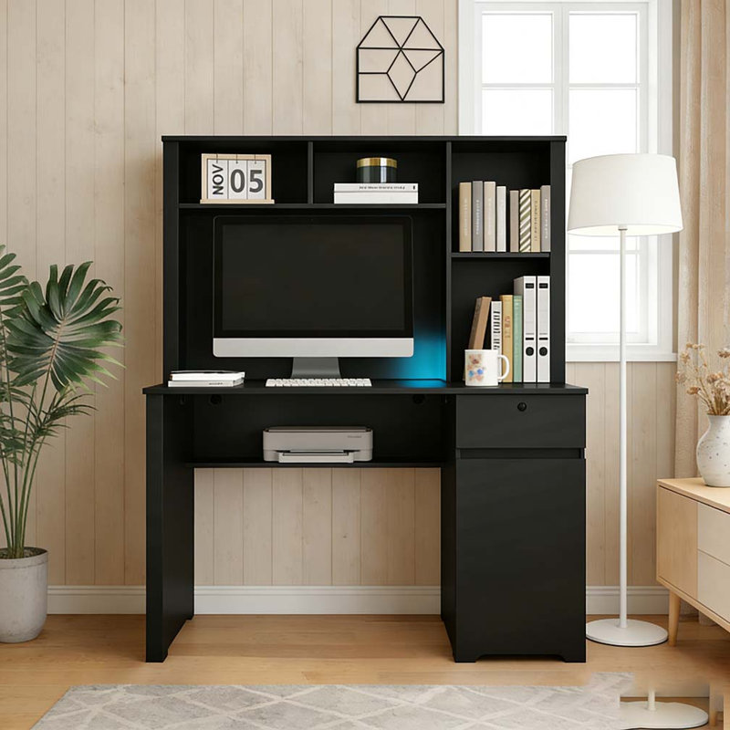 Bureau d'ordinateur avec huche et bibliothèque, bureau de direction en bois pour adolescents, Noir