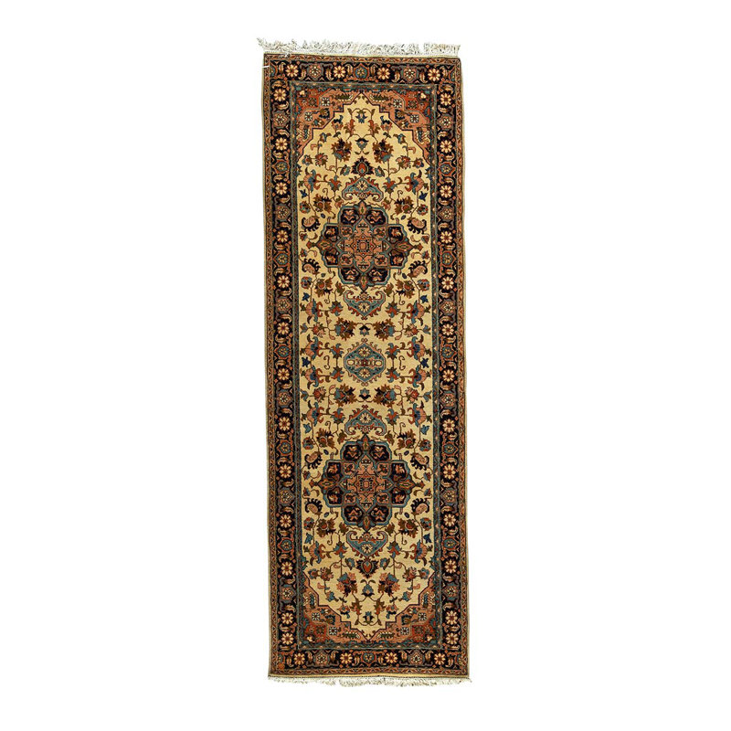Tapis rectangulaire en laine noué à la main ivoire / bleu marine / brun