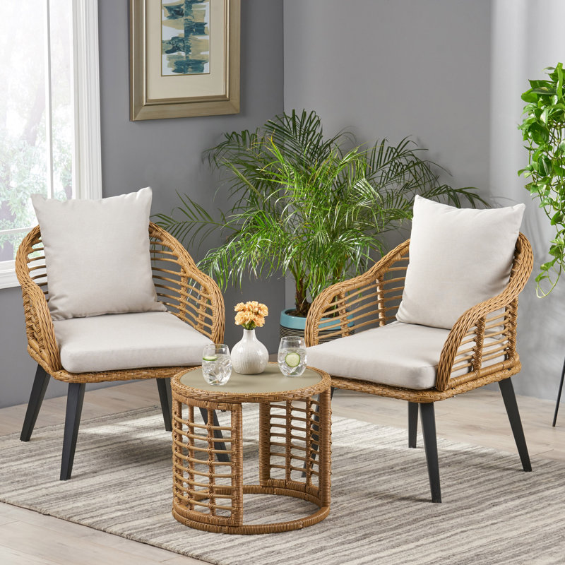 Mccary 2 - Person Patio Conversation Set with Cushions, Light Brown Frame / Beige Cushion