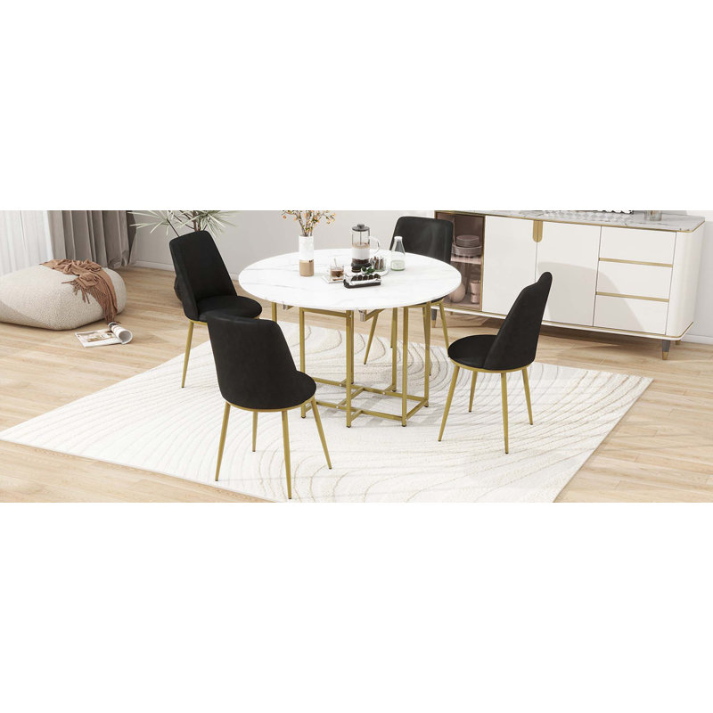 Ensemble de table de salle à manger de cuisine extensible 5 pièces pour petits espaces - plateau rond en faux marbre avec structure, 4 chaises rembourrées, conception pliable compacte
