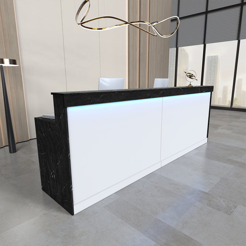 Modern Ergonomic Reception Desk With LED Lighting, Black Marble, 39.37'' H X 70.87'' W X 23.62'' D