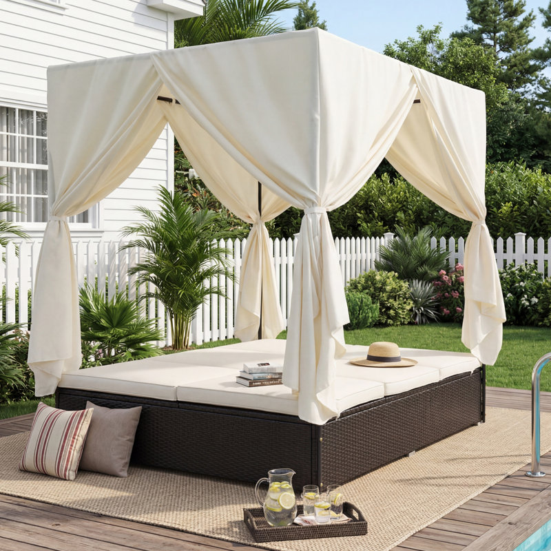 Adjustable Outdoor Sun Lounger with Canopy & Removable Cushion, Multi-Position Reclining Patio Lounge Chair for Garden Poolside