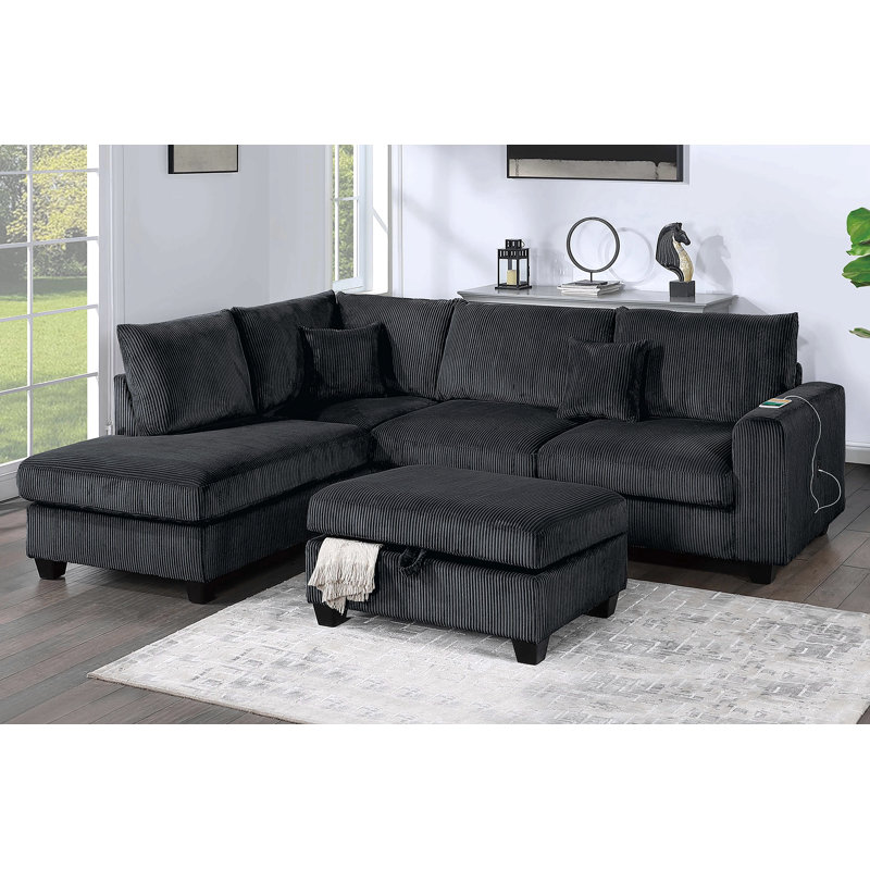 Ensemble de canapé modulaire 3 pièces de style moderne avec port USB, repose-pieds, accoudoir à droite, canapé et accoudoir à gauche, salon noir
