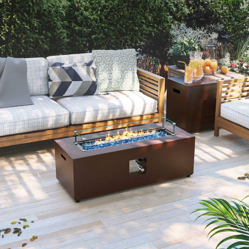  56-Inch Rectangle Iron Gas Fire Pit Table, Includes Tank Cover and Wind Guard, Brown
