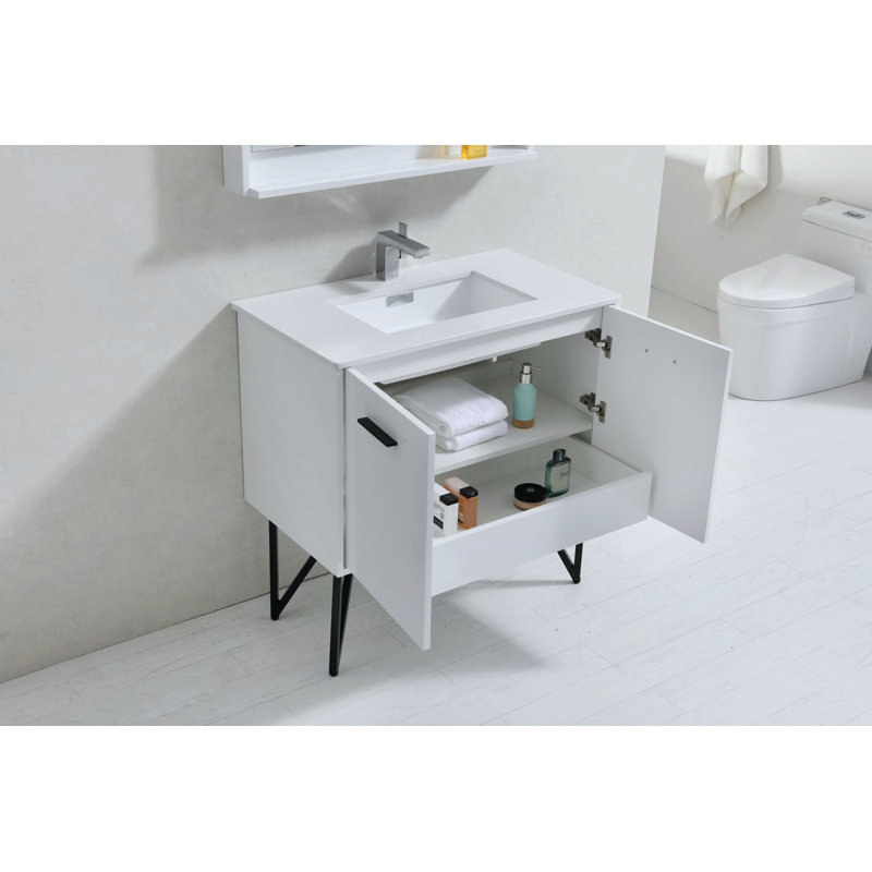 Ensemble de meuble-lavabo simple 36 po avec miroir Almaraz, Blanc brillant
