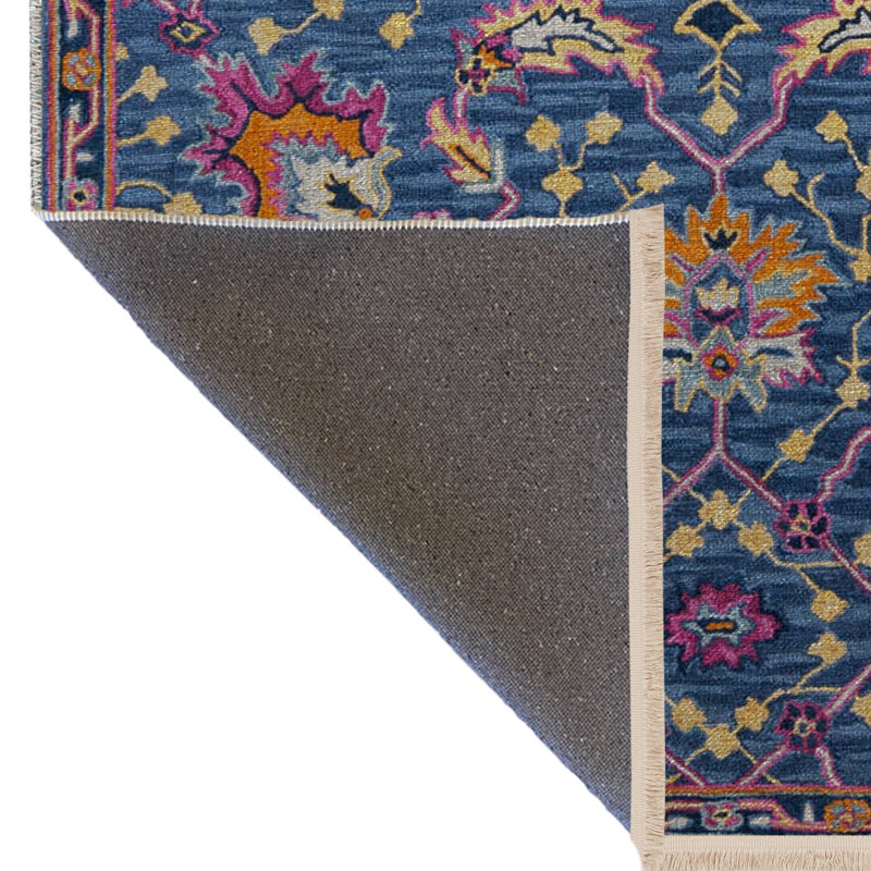 Tapis décoratif multicolore à motif floral et à franges bleu