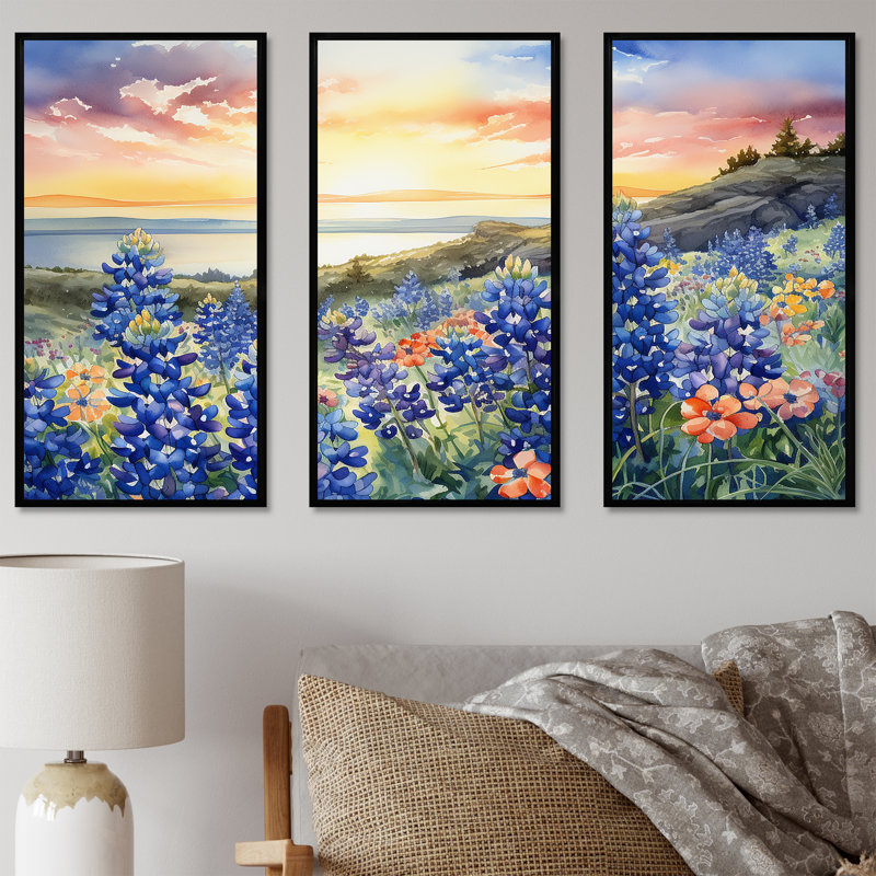 «Blue Bonnets Sunset I», ensemble d'art sur toile Blue Bonnets, H 28 po x l 36 po x P 1 po, Cadre flottant noir