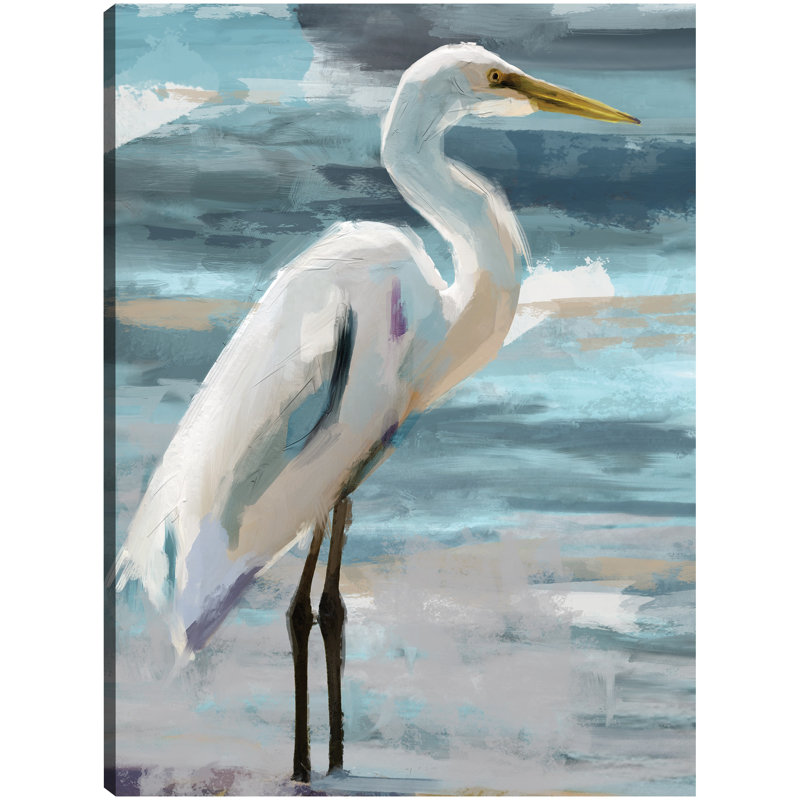Sunday Egret White and Gray Canvas Art Print 14" x 11"