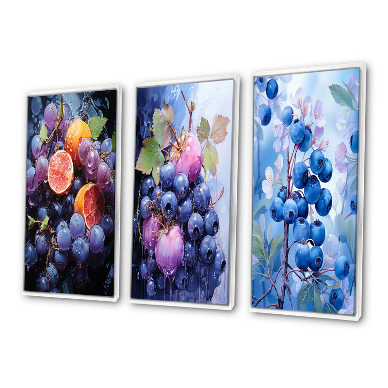Ballet Blueberry Fruit Serenade I - Ensemble de 3 décorations murales fruits, Cadre flottant blanc, H 40 po x l 60 po
