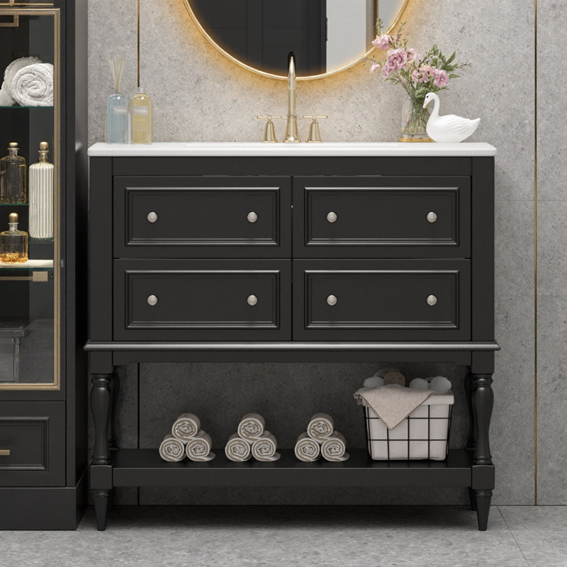 Meuble-lavabo 36 po avec lavabo sous-comptoir en céramique, 4 tiroirs d'extension et grande tablette de rangement, structure en bois d'hévéa massif, capacité de 300 lb, neutre moderne, prêt pour robinet central de 4 po