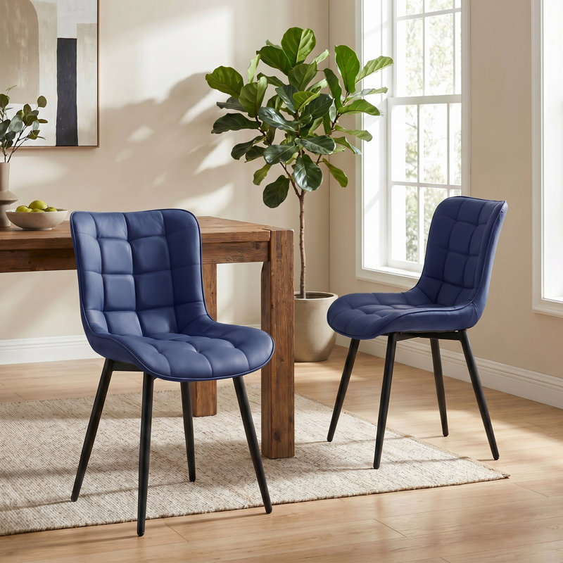 Heitger Tufted Wing Back Side Chair, Faux Leather Upholstered Dining Chair with Metal Legs, Navy
