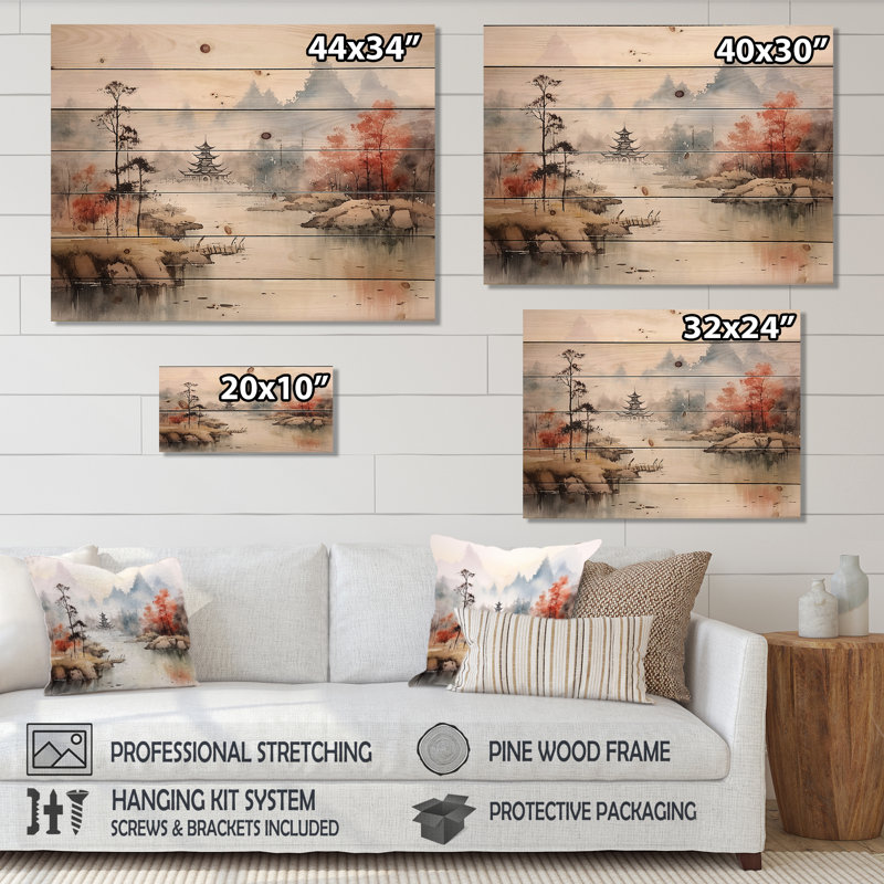 «Orange Tranquil Chinese Landscape Serenity II - China On Wood Print», H 10 po x l 20 po x P 0,78 po