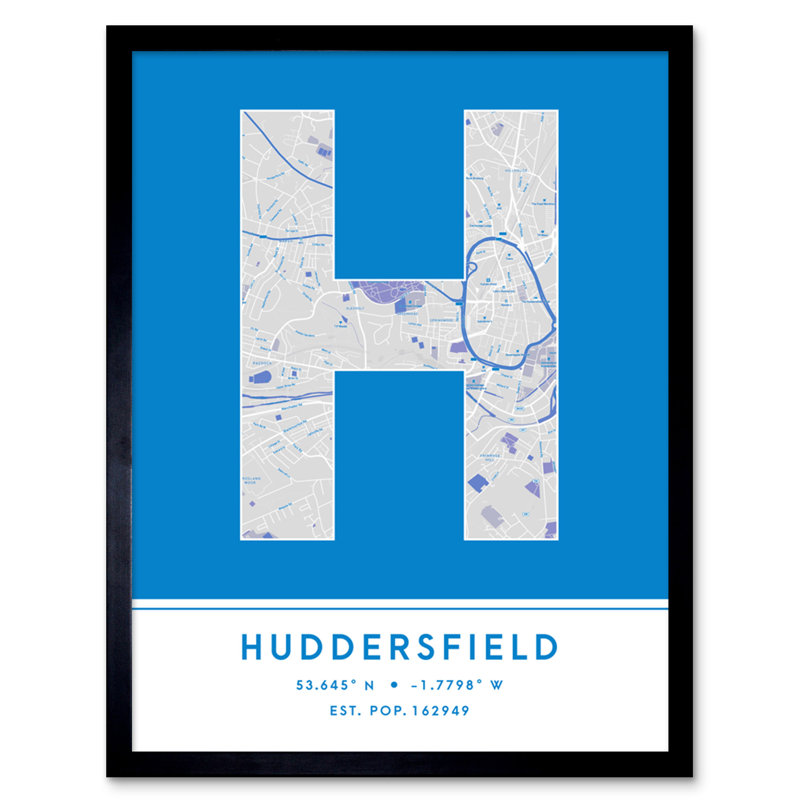 Huddersfield City Map Huddersfield Blue - Single Picture Frame Typography