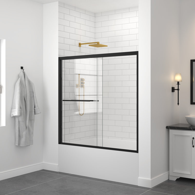 56-60" W x 58" H Aluminum Framed Double Sliding Bath Tub Door with Premium 1/4" (6mm) Clear Tempered Glass, Matte Black