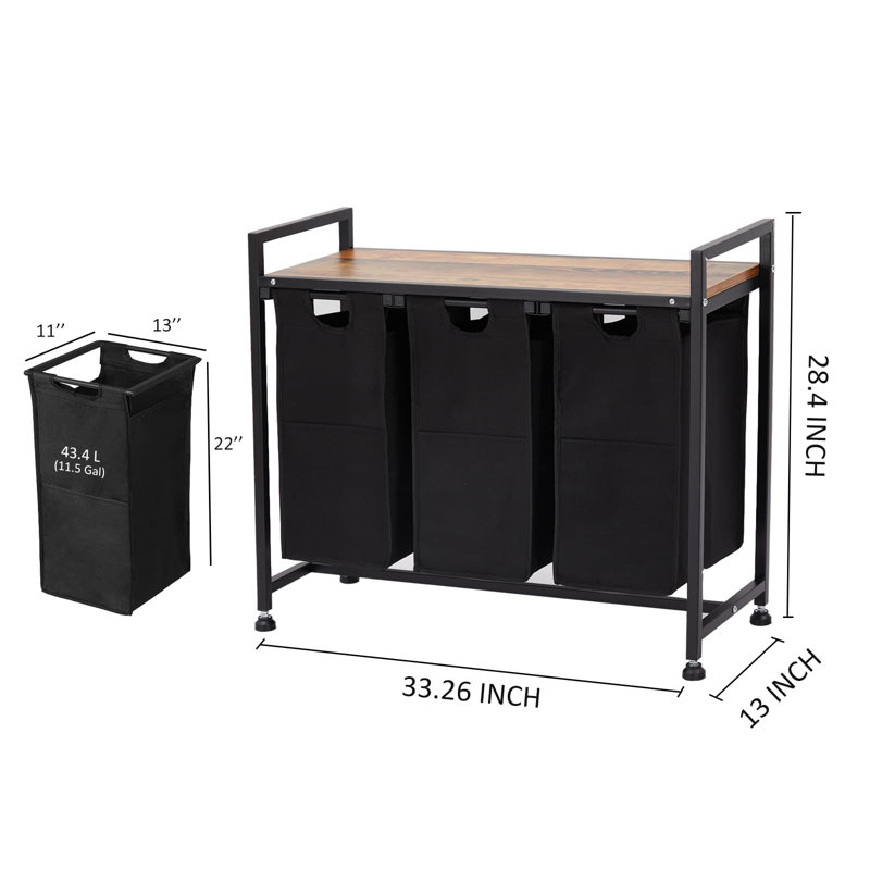 28 inch Black 3 Removable Pull-Out Oxford Fabric Baskets Large Capacity Laundry Hamper Organizer with Adjustable Shelf