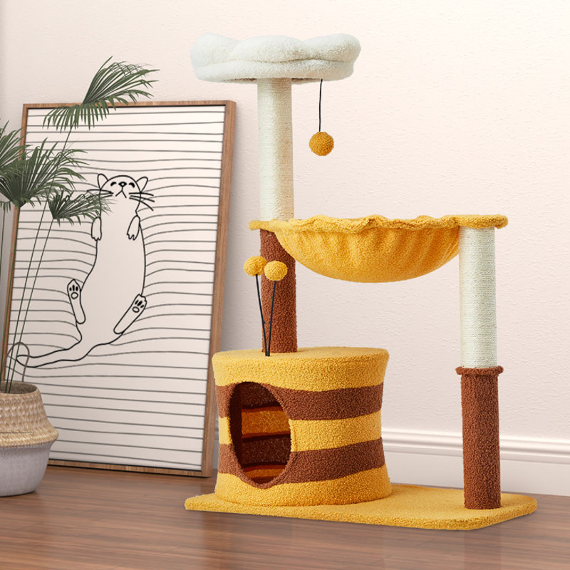 36.6 In Flower Cat Tree With Well-padded Perch, Cat Tower With Sisal Scratching Posts, Yellow