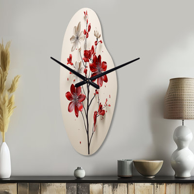 «Red Beige Minimalisme Essence Of Red Flower - Minimalisme», horloge murale asymétrique