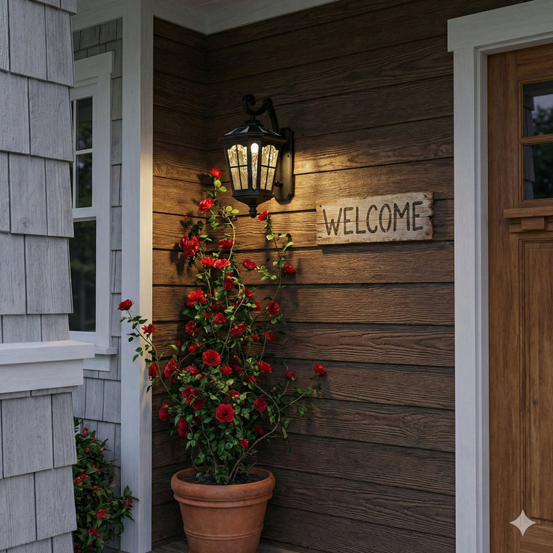 A Black Solar-Powered Outdoor Wall Light In An Amen Design Style, With IP65 Waterproof Rating, Suitable For Illuminating Corridors, Aisles, Villas, Gardens, Patios, Balconies, And Gate Posts, With A Color Temperature Range Of 3000K To 6000K.