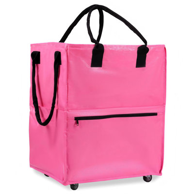 Large Rolling Grocery Tote with 5 Wheels, Dual Carry Handles and Wide Zipper, (Pink)
