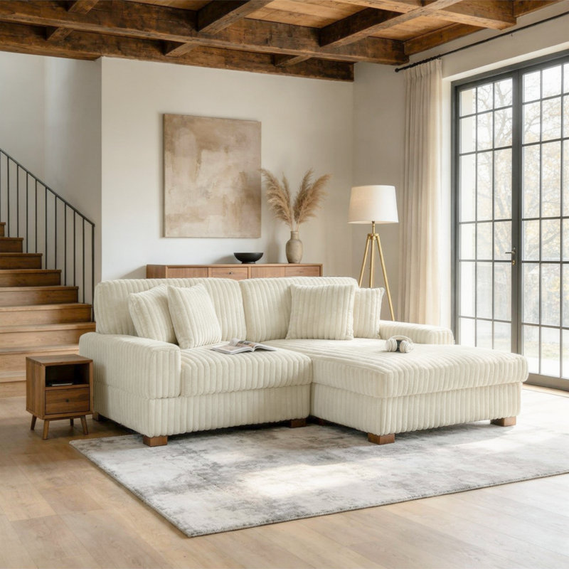Stephania 2 - Piece Upholstered White Faux Rabbit Fur Flannel Modular Sectional Sofa with Armrests & Throw Pillows