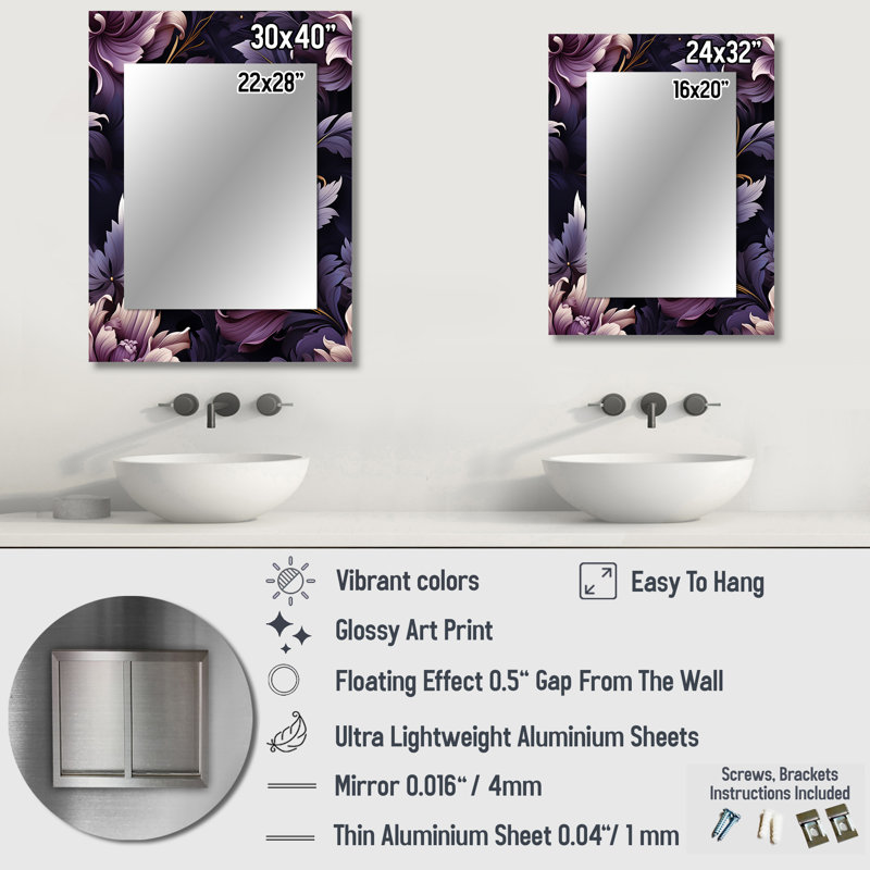 Shadowed Elegance Moody Patterns - miroir mural floral, chalet, miroir décoratif traditionnel, impression d'art en métal