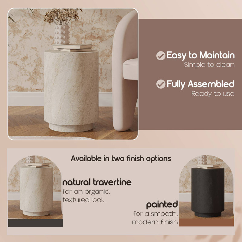 14" Wide Round Fiberstone End Table – Durable Indoor Outdoor Accent Table for Patio, Bedroom, or Living Room Use, Travertine