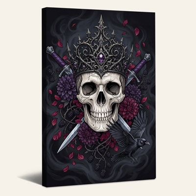 Gothic Skull Wearing Spiked Crown With Crossed Halloween Canvas Wall Art
