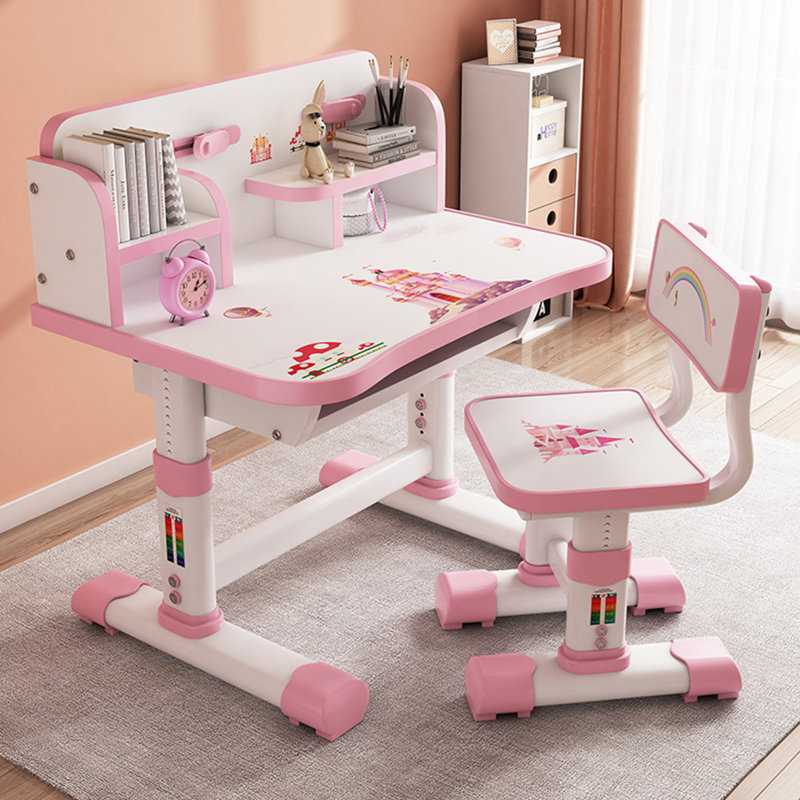 Ensemble de chaise de bureau, ensemble de chaise de bureau à motif de bureau élargi pour enfants, table d'étude à hauteur réglable avec tiroir (rose)