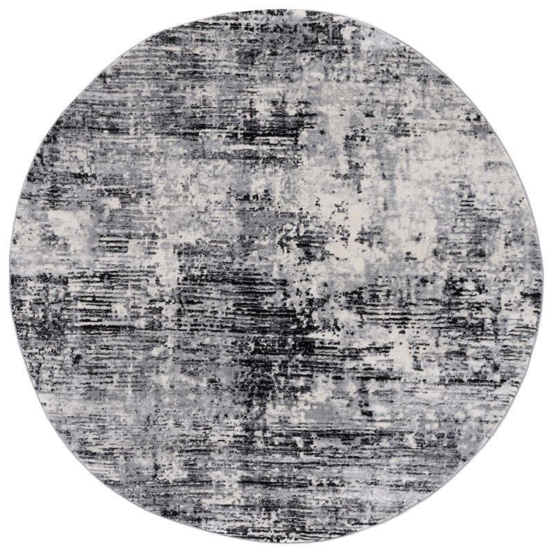 Abstract Power Loom Black/Ivory Area Rug, Round 6'7"