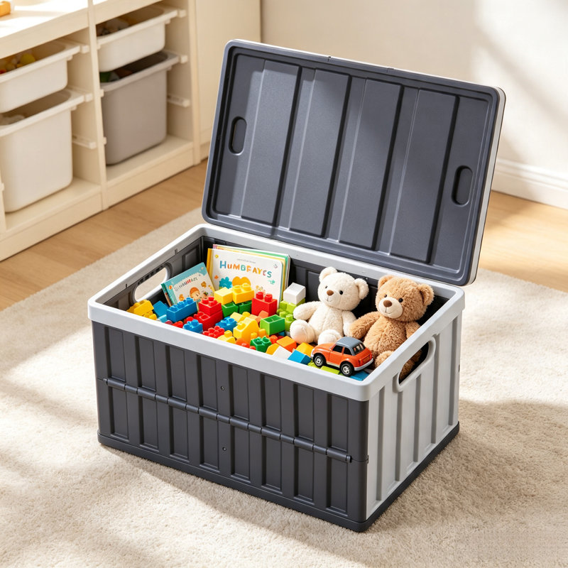 Caisse de rangement pliable et empilable en plastique avec couvercle et poignées de transport, bac de rangement pliable pour la maison, le garage, le placard et les articles ménagers