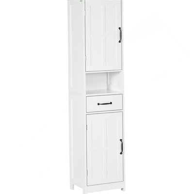 Slim Bathroom Storage Cabinet, Tall Bathroom Cabinet, Linen Tower with Open Shelf, Drawer, Recessed Doors, and Adjustable Shelves, White