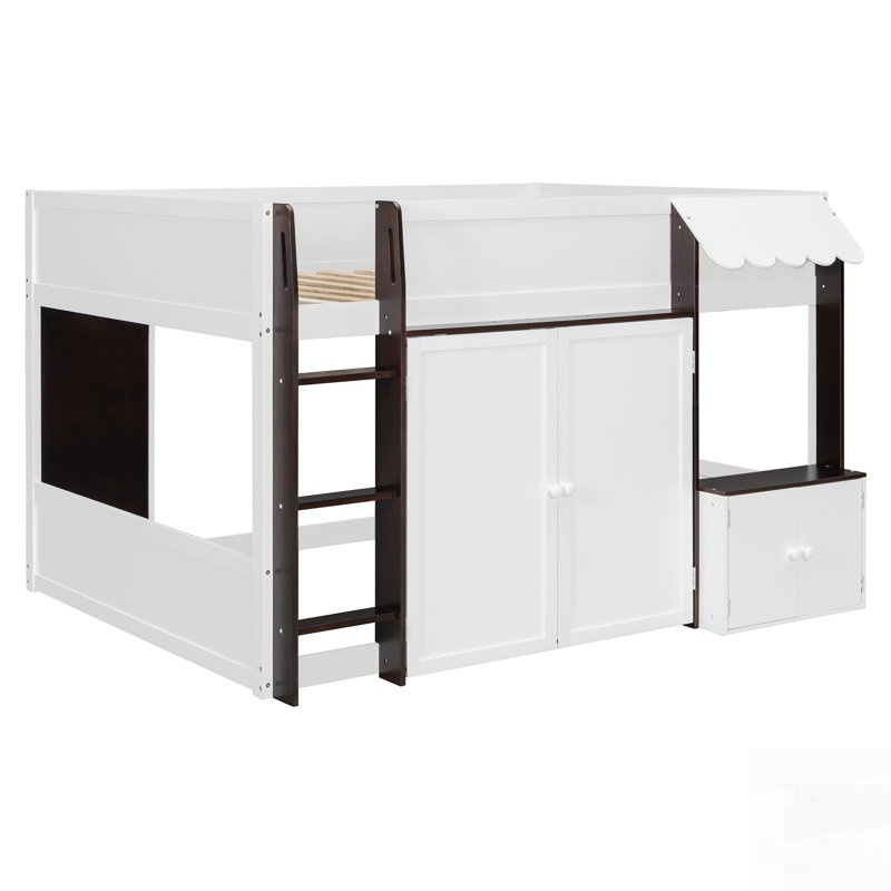 Lit mezzanine avec maisonnette et rangement, lit en bois moderne pour enfants / adolescents, Espresso/blanc