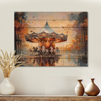 Carrousel au coucher du soleil - Carousel, art mural sur bois de pin naturel