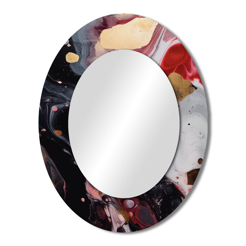 Infusion de marbre rouge et noir - Miroir décoratif abstrait ovale sur métal, 43 po x 33 po