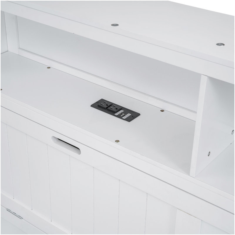 Grand lit plateforme en bois avec tête de lit à DEL, station de charge et 2 tiroirs, blanc, Blanc, Grand lit