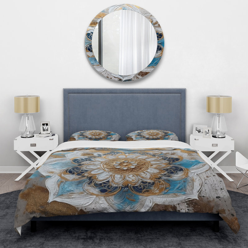 Ensemble de housse de couette en microfibre / polyester bleu et or Mandala I Bedding