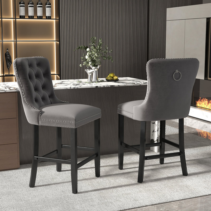 Tabouret de bar rembourré en velours avec dossier capitonné, chaises de bar, tabourets de bar, ensemble de 2, Gris