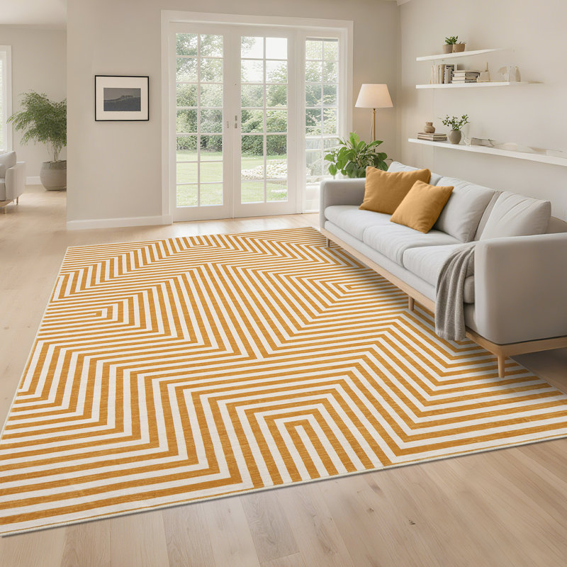 Modern Rug for Living Room Non-Slip Striped Accent Rug, Stain-Resistant Ultra-Thin Bedroom Carpet, Soft Low Pile Indoor Floor Mat for Kids Room, Nursery, Home Office