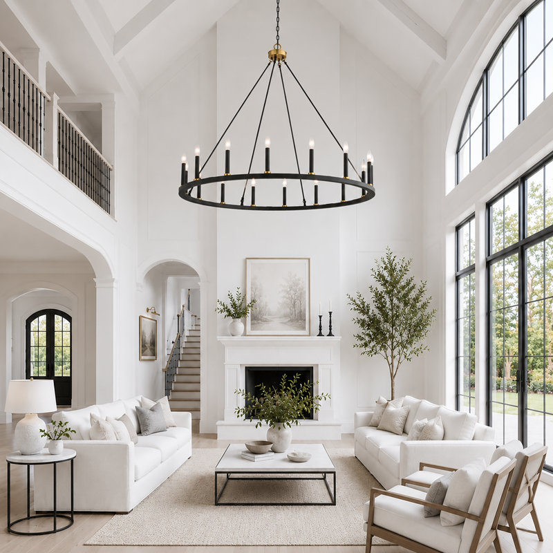 Adriana 47" W 16-Light Dimmable Wagon Wheel Chandelier with Sloped Ceiling Adapter, Brass Aged Zinc